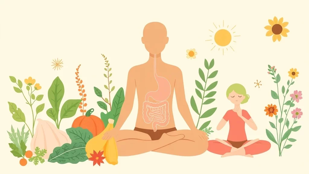 Eine Komposition aus natürlichen Heilmitteln, gesunden Lebensmitteln und Symbolen der Entspannung, die die ganzheitliche Unterstützung bei Morbus Crohn darstellt.